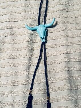 Turquoise Longhorn Bolo Tie with Navy Cord